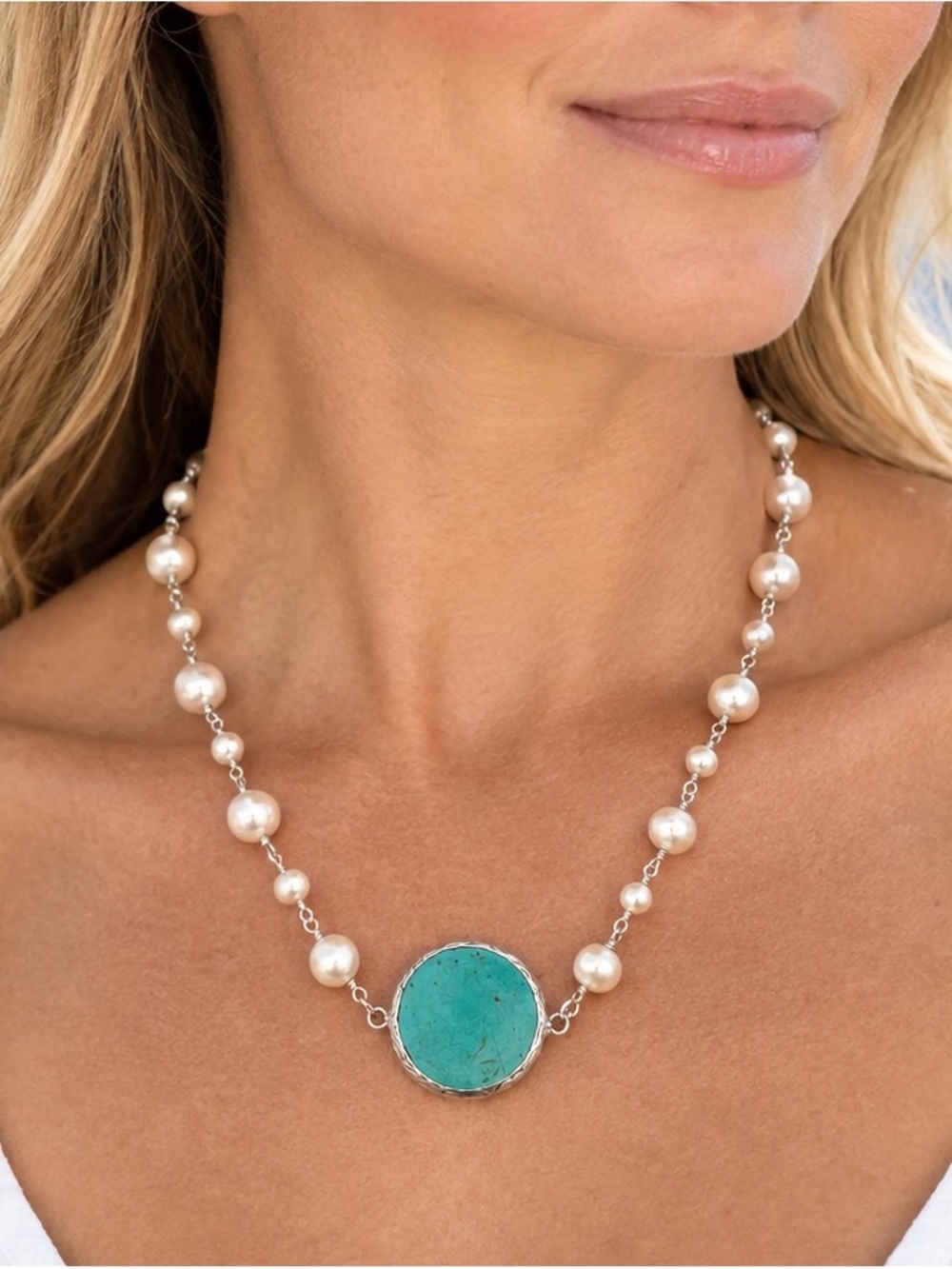 NEW Artisan Freshwater Pearl & Turquoise Necklace